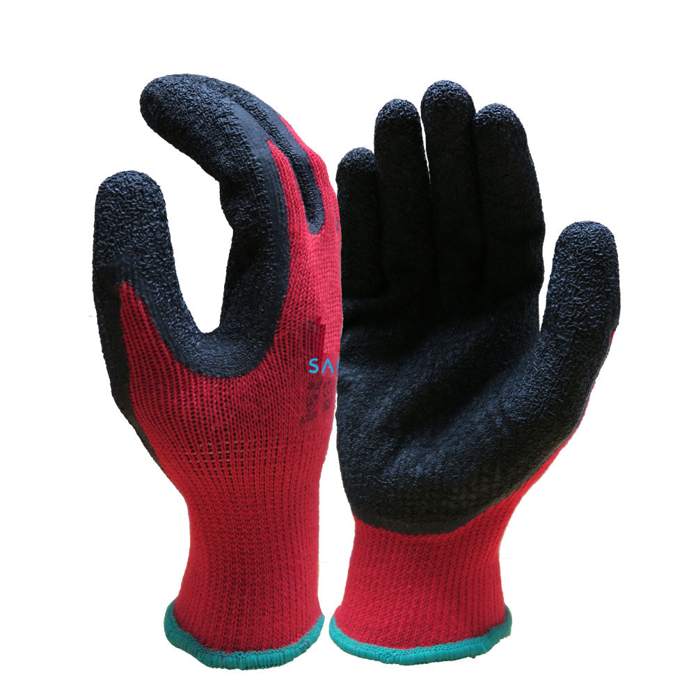 Red safety glove with black palm