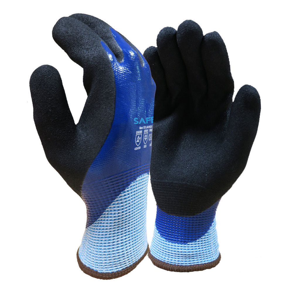 Blue safety glove with black palm