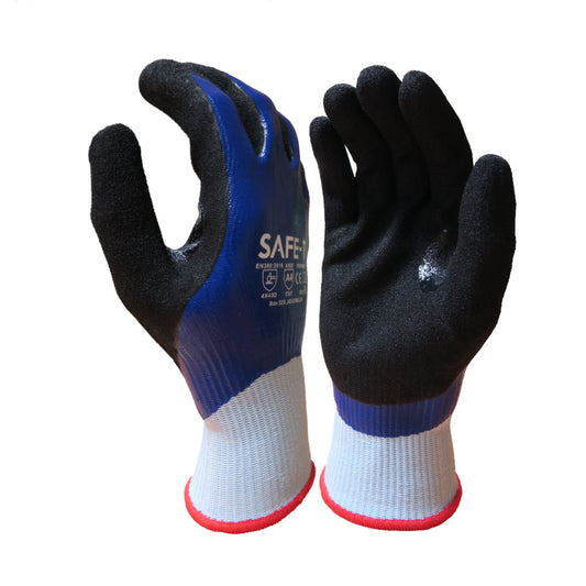 Blue safety glove with black palm